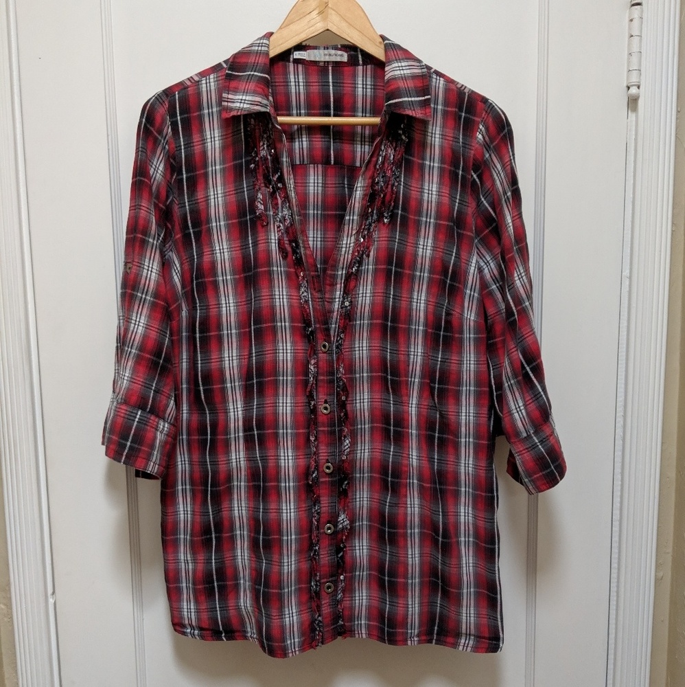 Maurices | Red & black plaid button down shirt